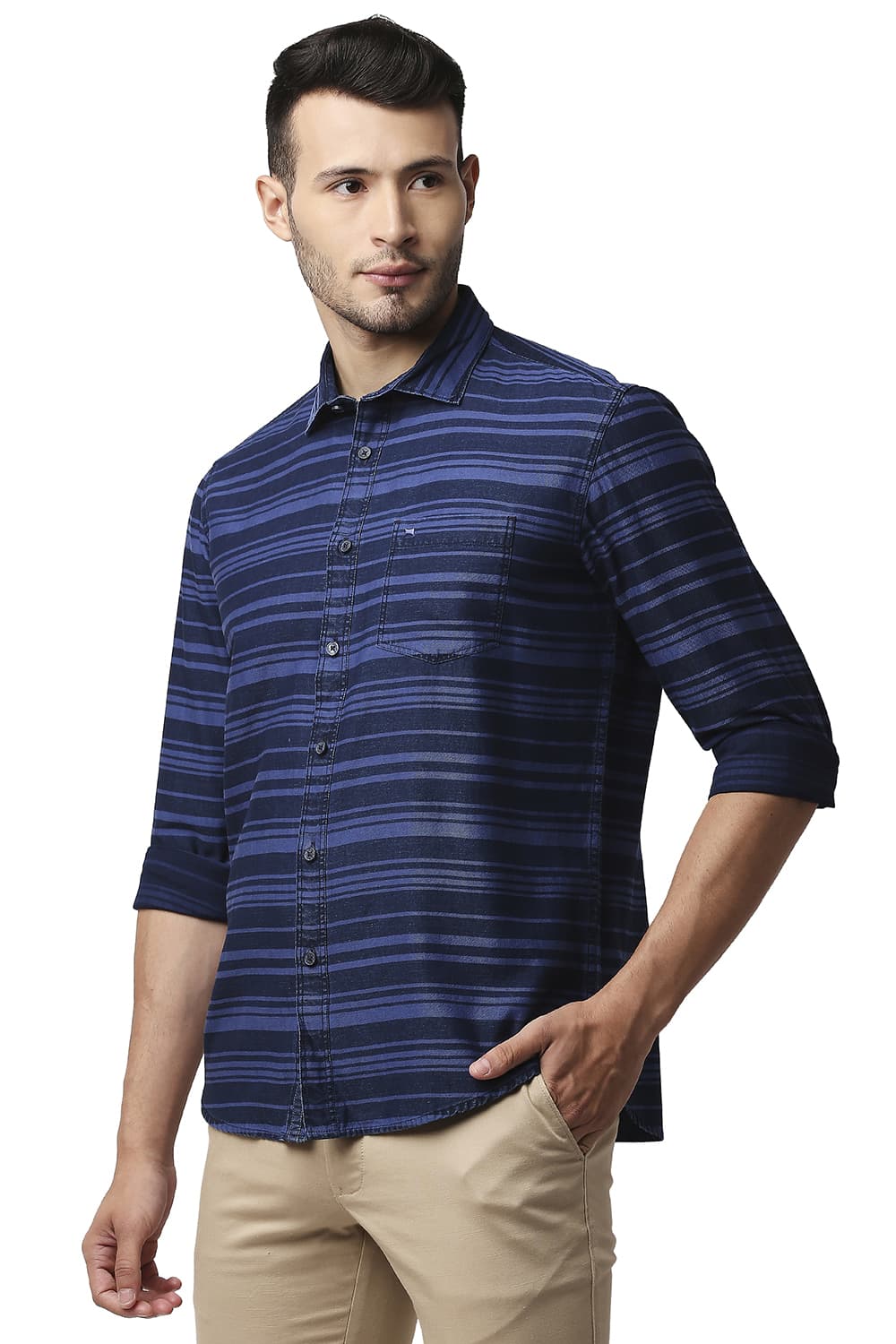 BASICS SLIM FIT INDIGO WEFT STRIPE SHIRT