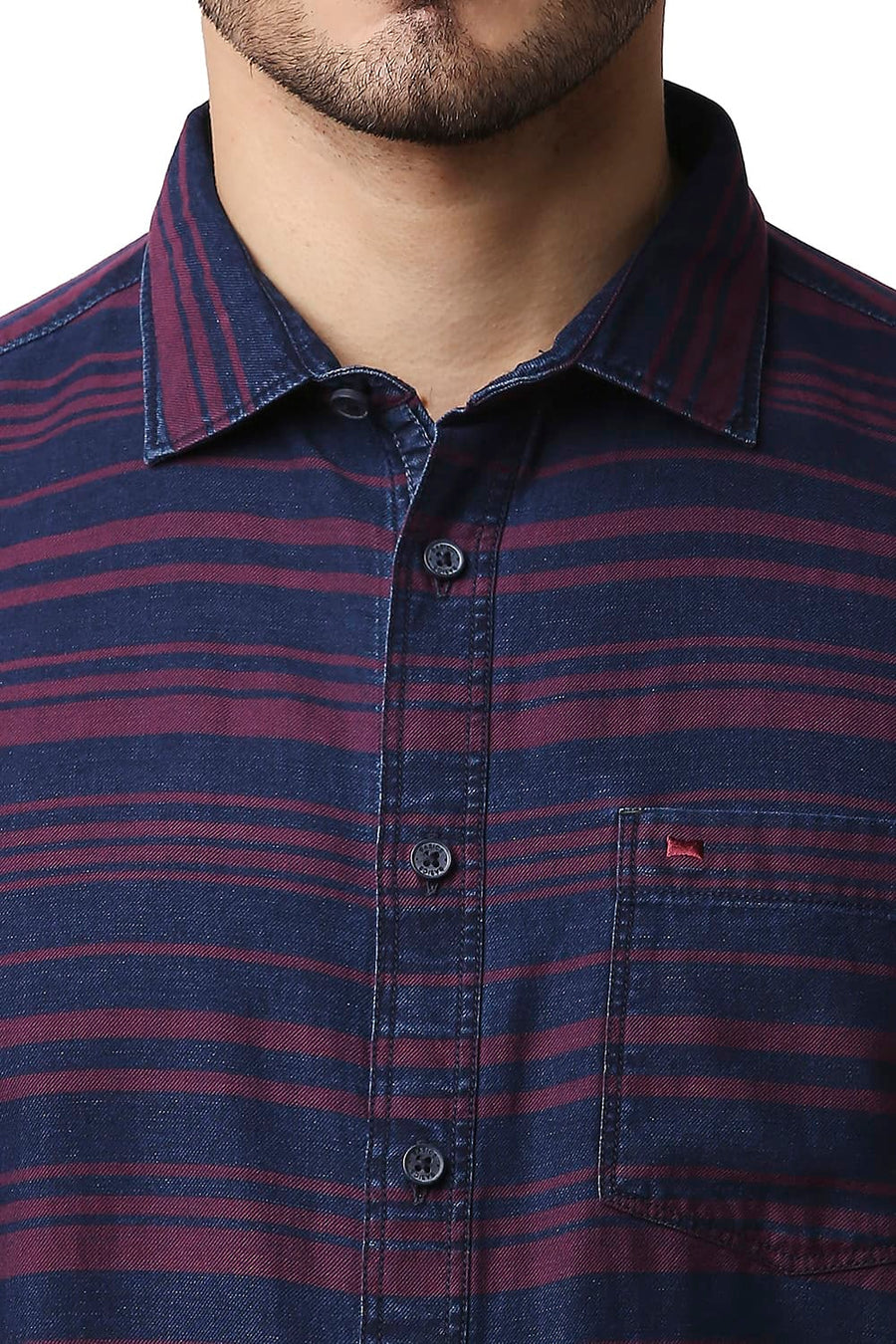 BASICS SLIM FIT MALAGA PINK INDIGO WEFT STRIPE SHIRT