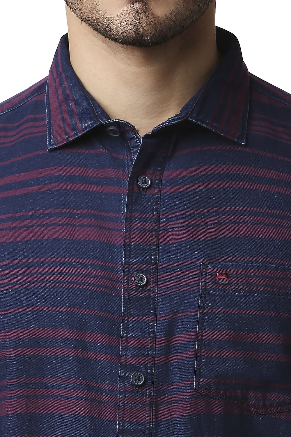 BASICS SLIM FIT INDIGO WEFT STRIPE SHIRT