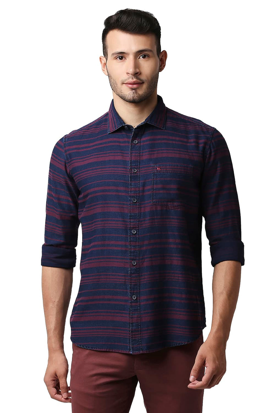 BASICS SLIM FIT MALAGA PINK INDIGO WEFT STRIPE SHIRT