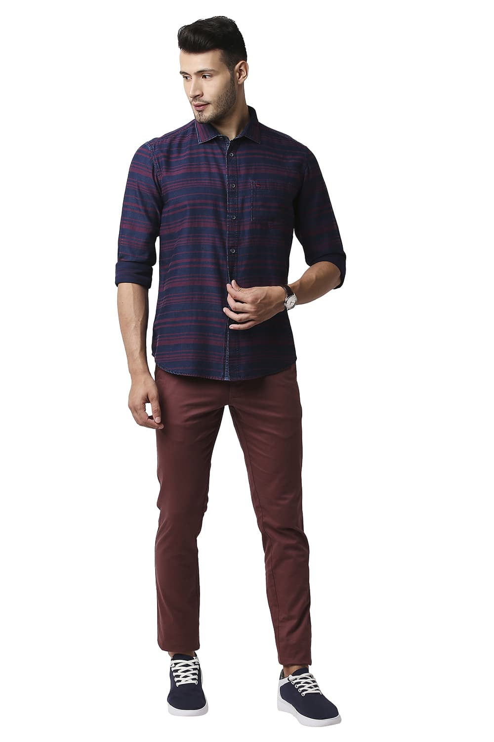 BASICS SLIM FIT INDIGO WEFT STRIPE SHIRT