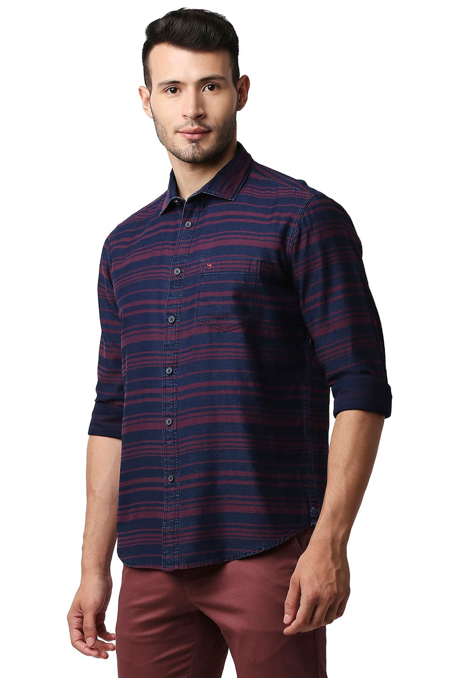 BASICS SLIM FIT MALAGA PINK INDIGO WEFT STRIPE SHIRT