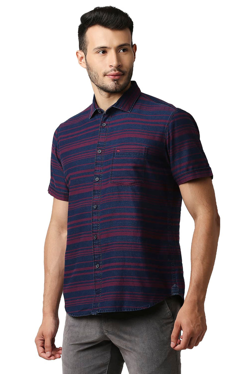 BASICS SLIM FIT INDIGO WEFT STRIPE HALFSLEEVES SHIRT