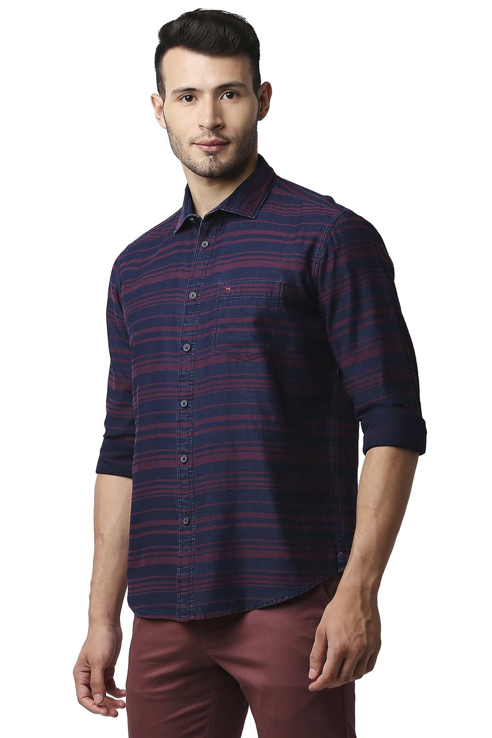 BASICS SLIM FIT INDIGO WEFT STRIPE SHIRT