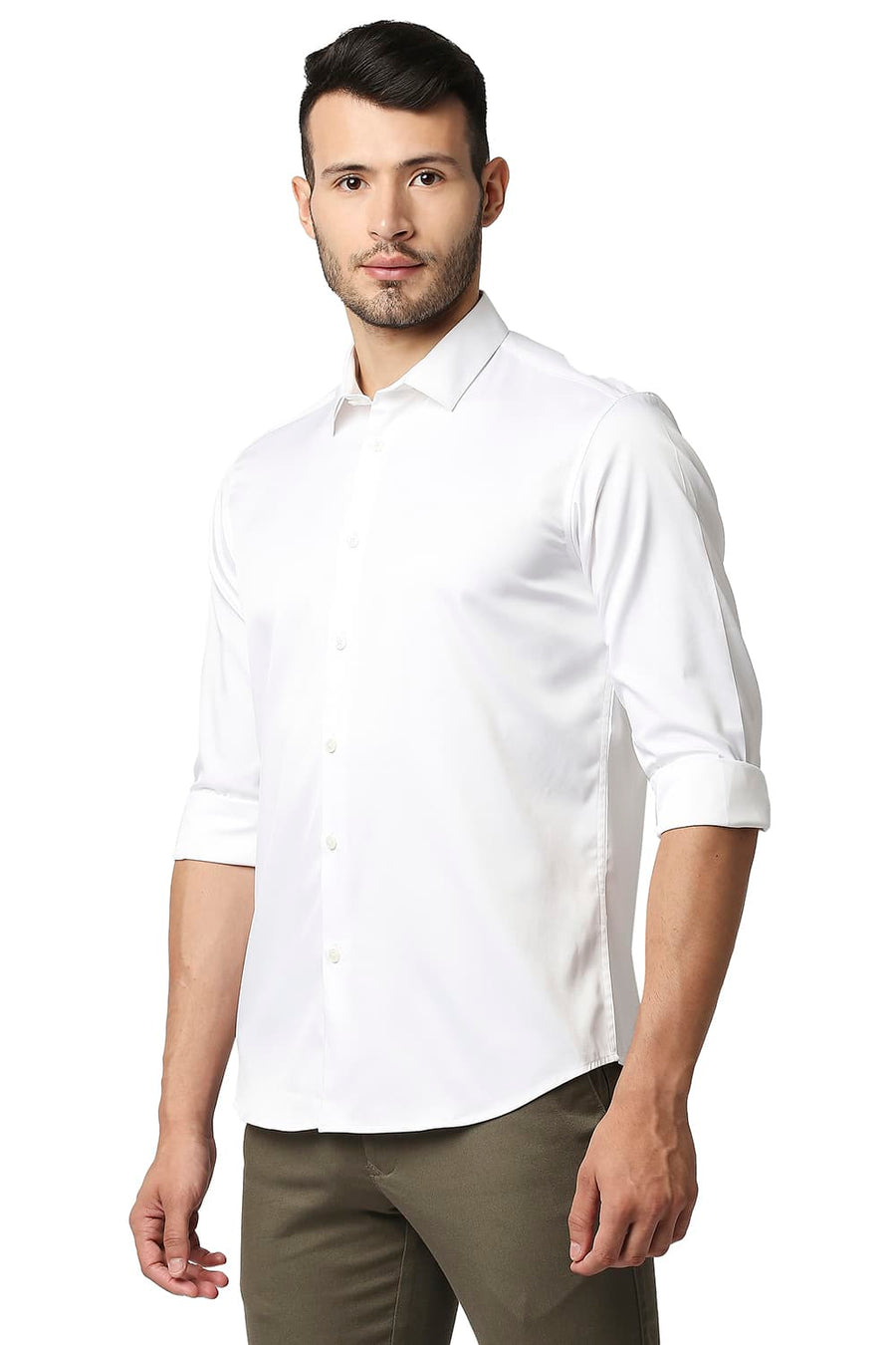 BASICS SLIM FIT BRIGHT WHITE POLYESTER STRETCH SHIRT