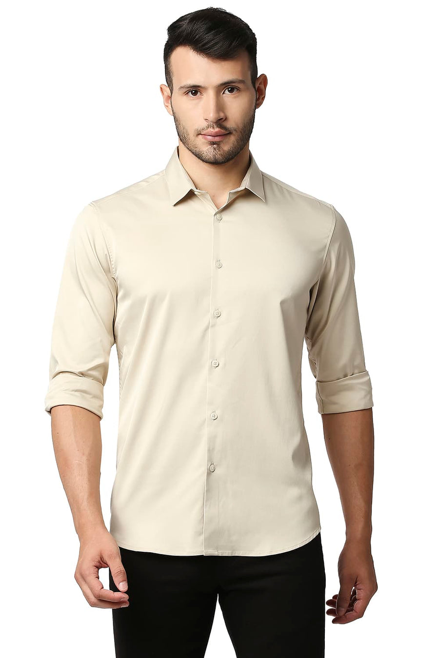 BASICS SLIM FIT ANOGRA BEIGE POLYESTER STRETCH SHIRT