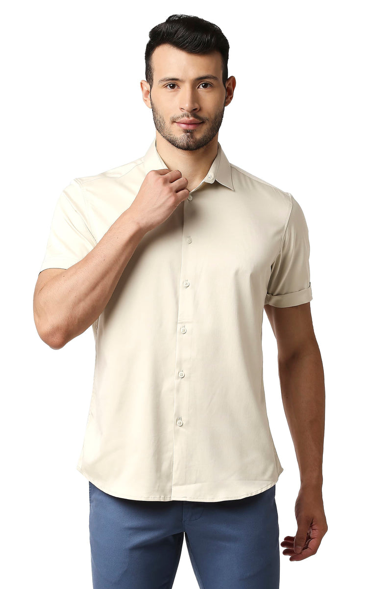 BASICS SLIM FIT POLYESTER STRETCH HALFSLEEVES SHIRT