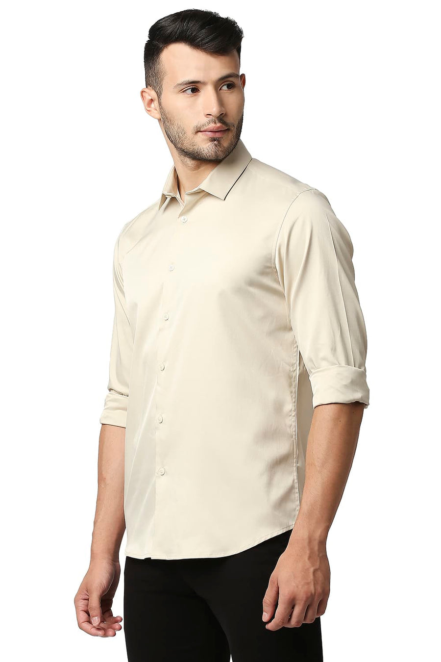 BASICS SLIM FIT ANOGRA BEIGE POLYESTER STRETCH SHIRT