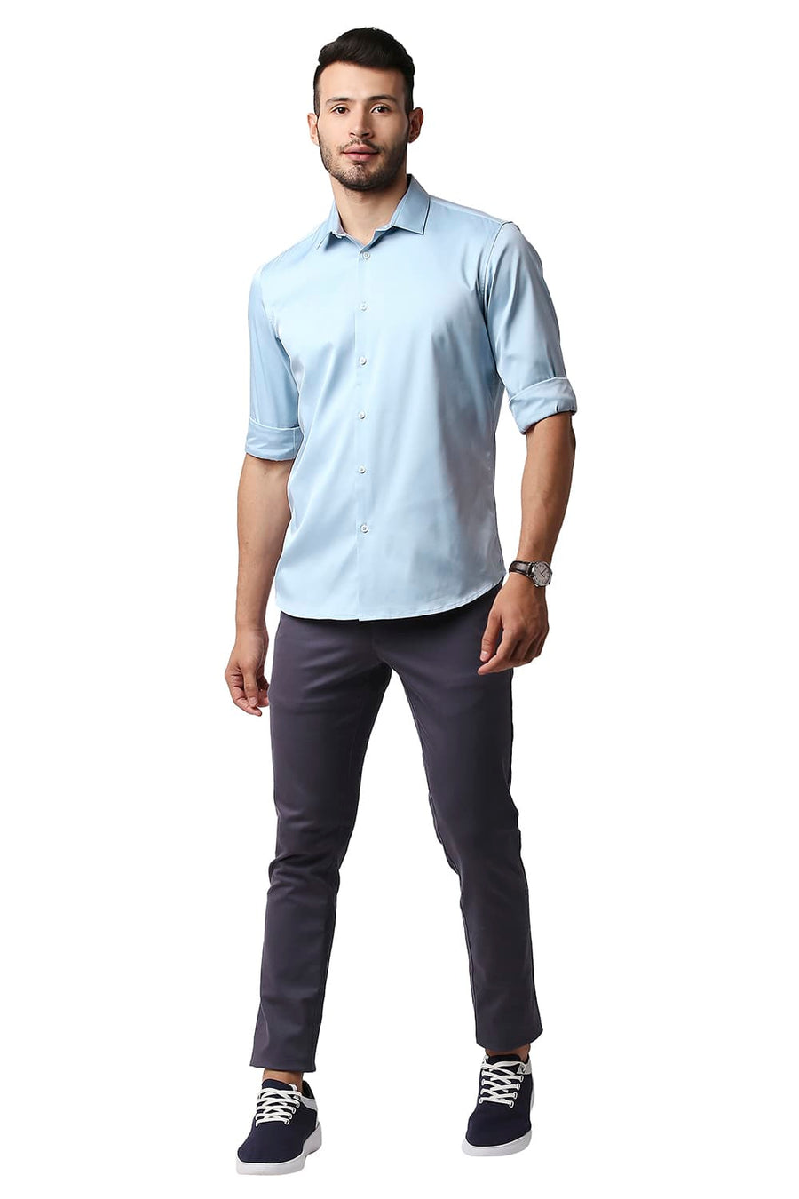 BASICS SLIM FIT BLUE FOG POLYESTER STRETCH SHIRT