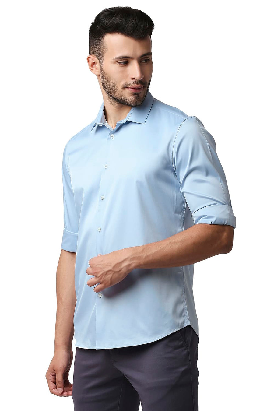 BASICS SLIM FIT BLUE FOG POLYESTER STRETCH SHIRT