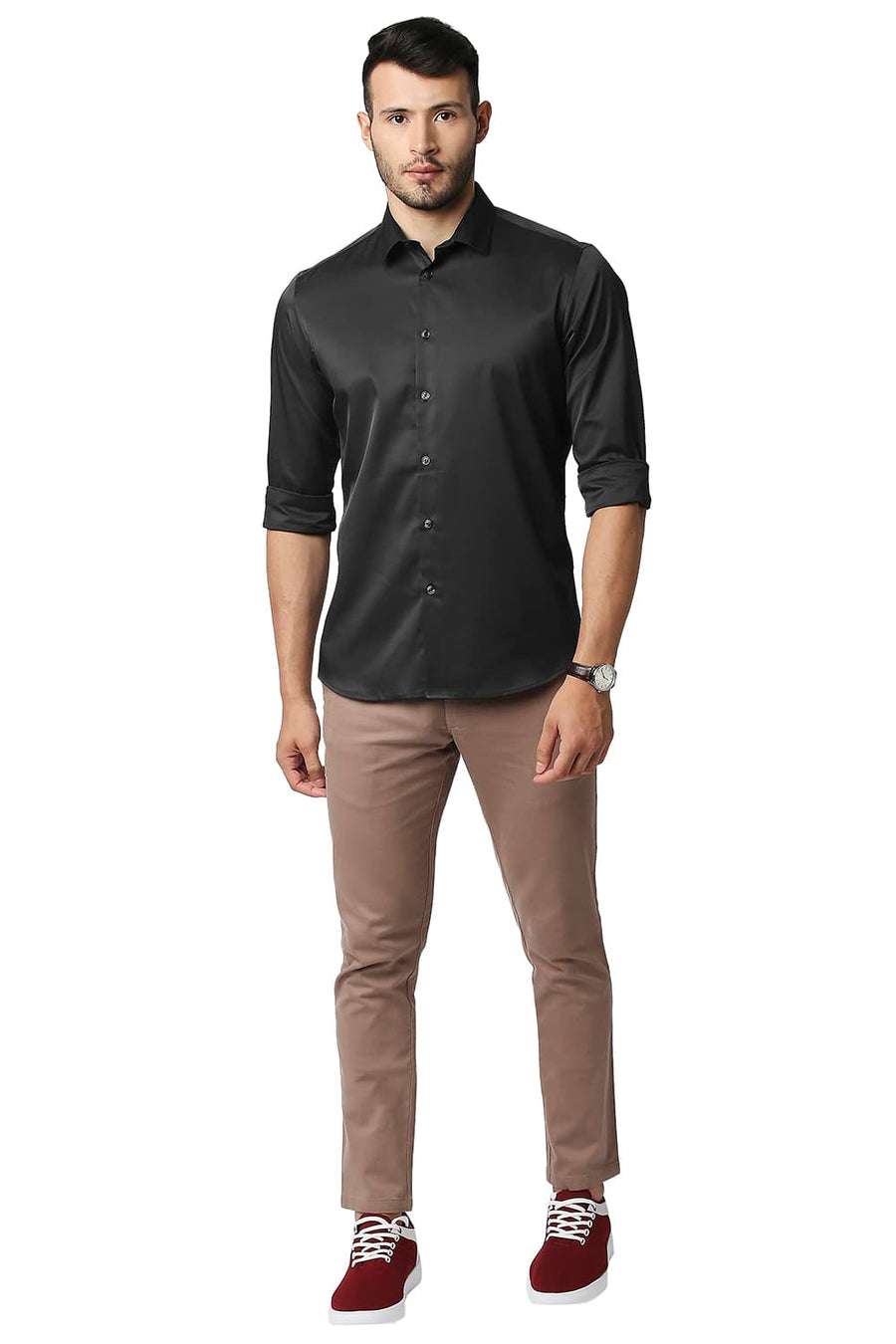 BASICS SLIM FIT JET BLACK POLYESTER STRETCH SHIRT