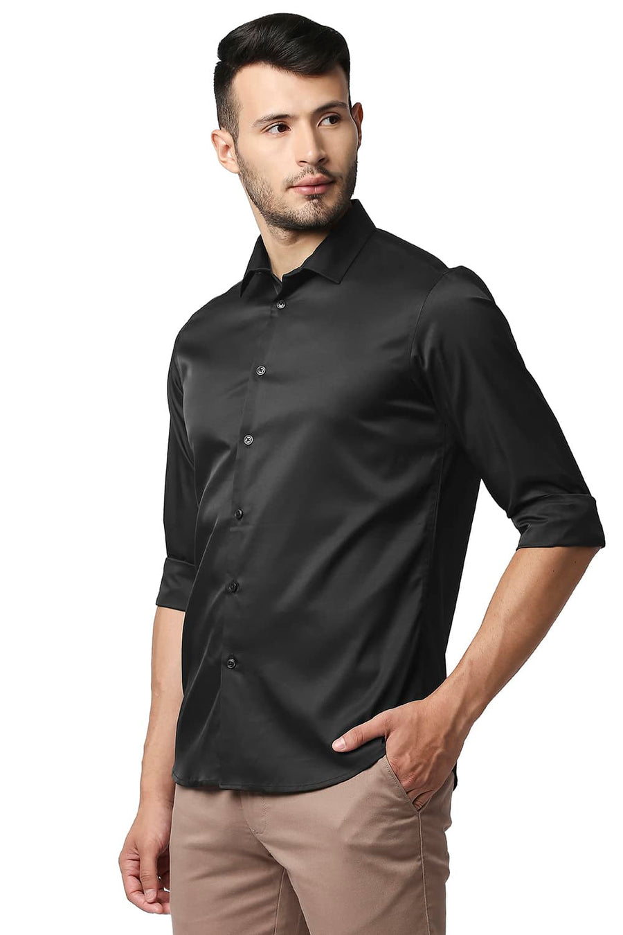 BASICS SLIM FIT JET BLACK POLYESTER STRETCH SHIRT