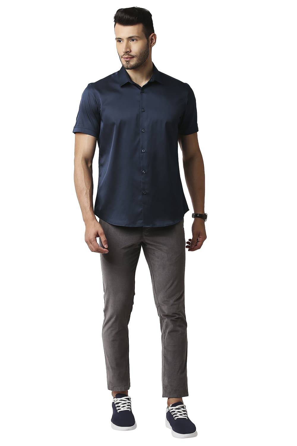 BASICS SLIM FIT POLYESTER STRETCH HALFSLEEVES SHIRT