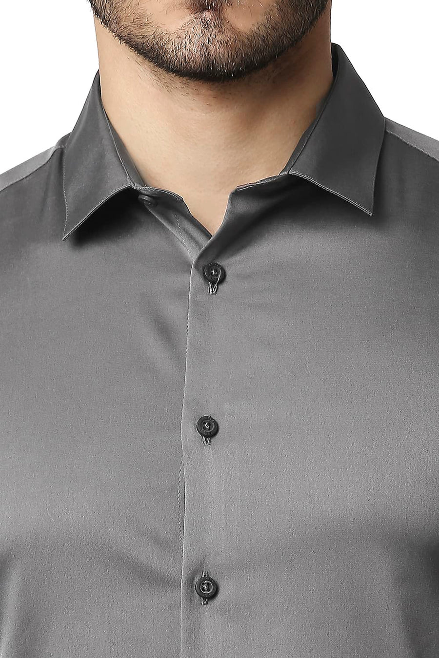 BASICS SLIM FIT SMOKED GREY POLYESTER STRETCH SHIRT