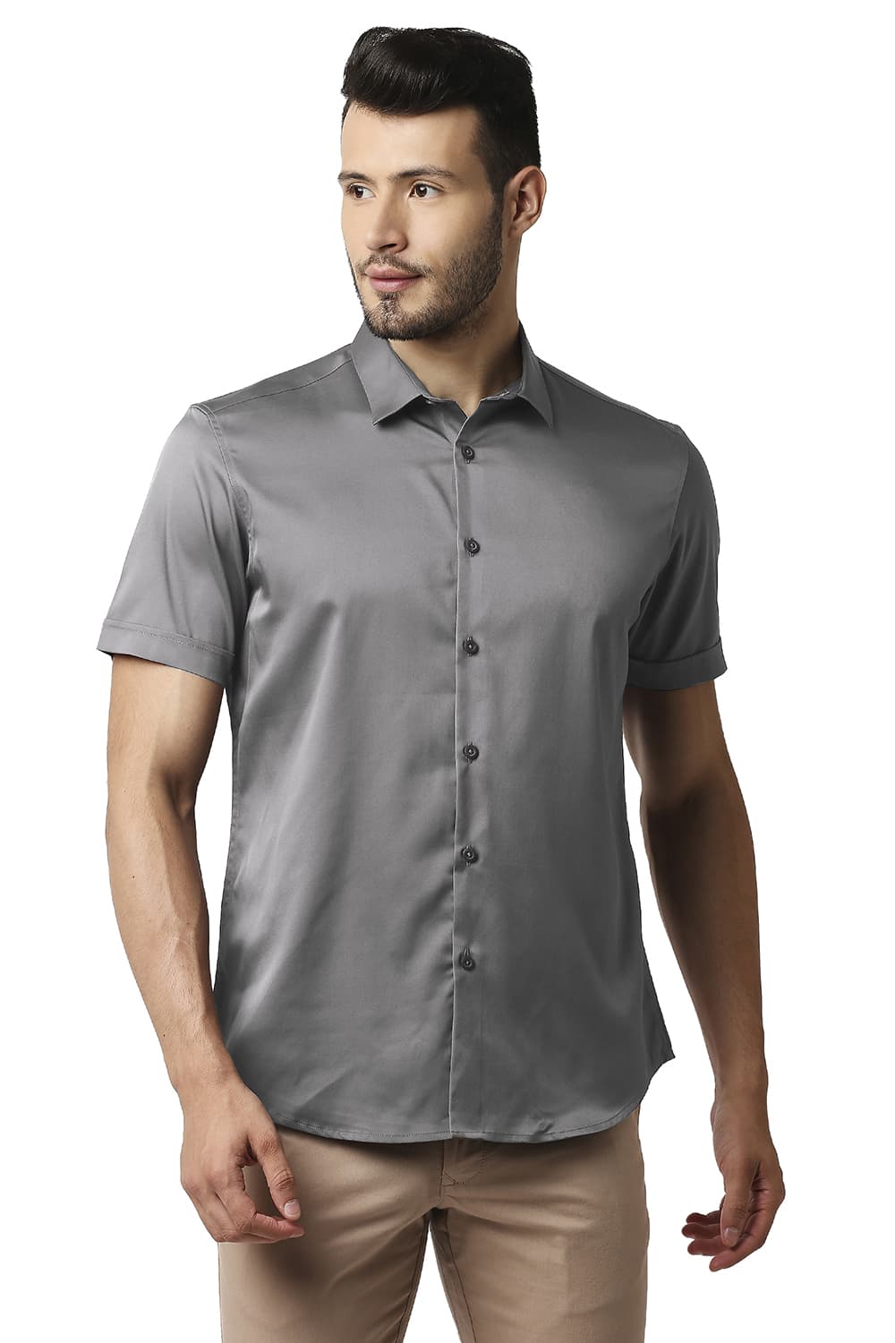 BASICS SLIM FIT POLYESTER STRETCH HALFSLEEVES SHIRT