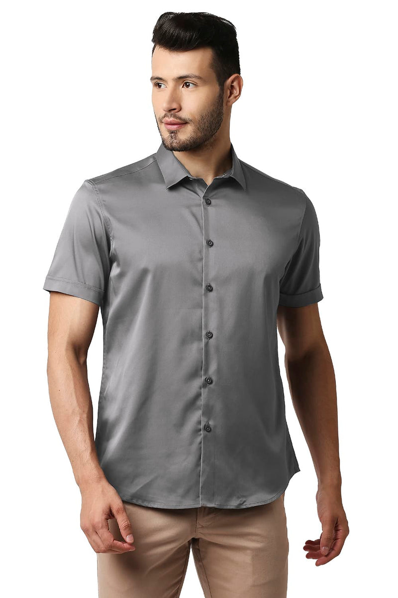 BASICS SLIM FIT POLYESTER STRETCH HALFSLEEVES SHIRT