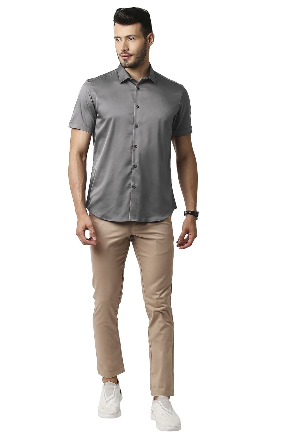 BASICS SLIM FIT POLYESTER STRETCH HALFSLEEVES SHIRT