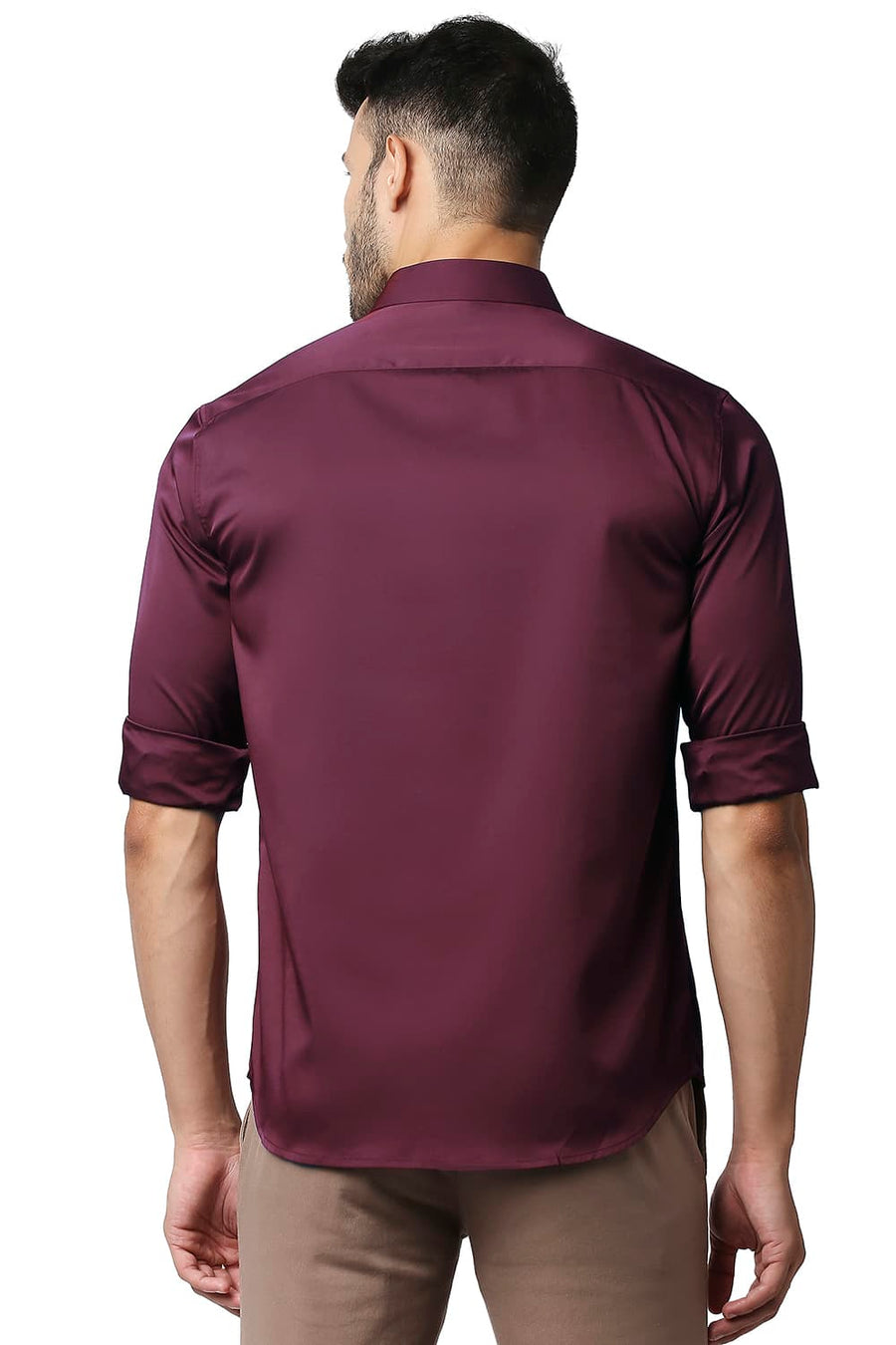 BASICS SLIM FIT CORDOVAN MAROON POLYESTER STRETCH SHIRT