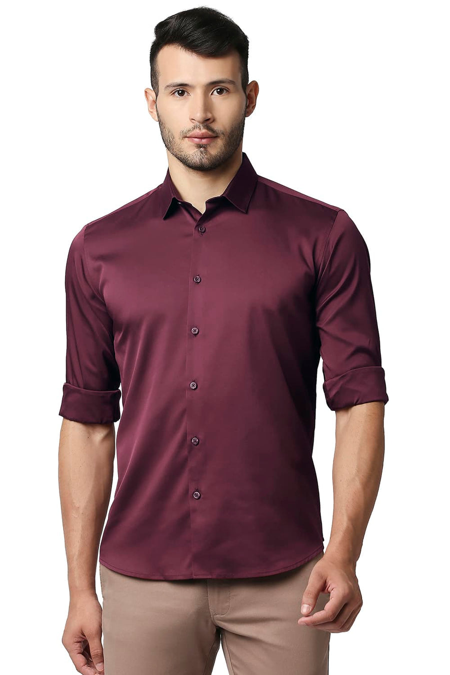 BASICS SLIM FIT CORDOVAN MAROON POLYESTER STRETCH SHIRT