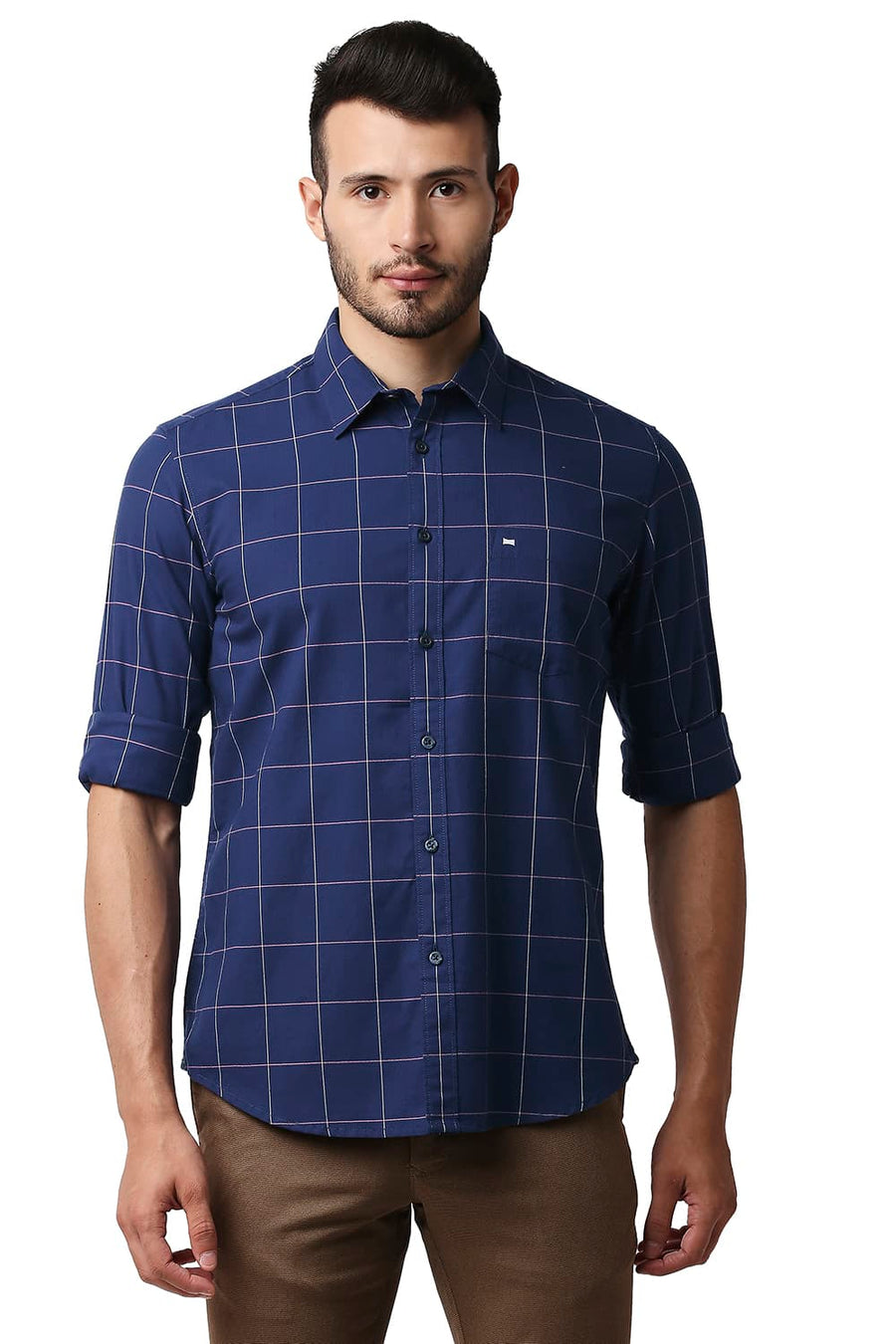BASICS SLIM FIT BLUEPRINT NAVY HERRING BONE TWILL CHECKS SHIRT