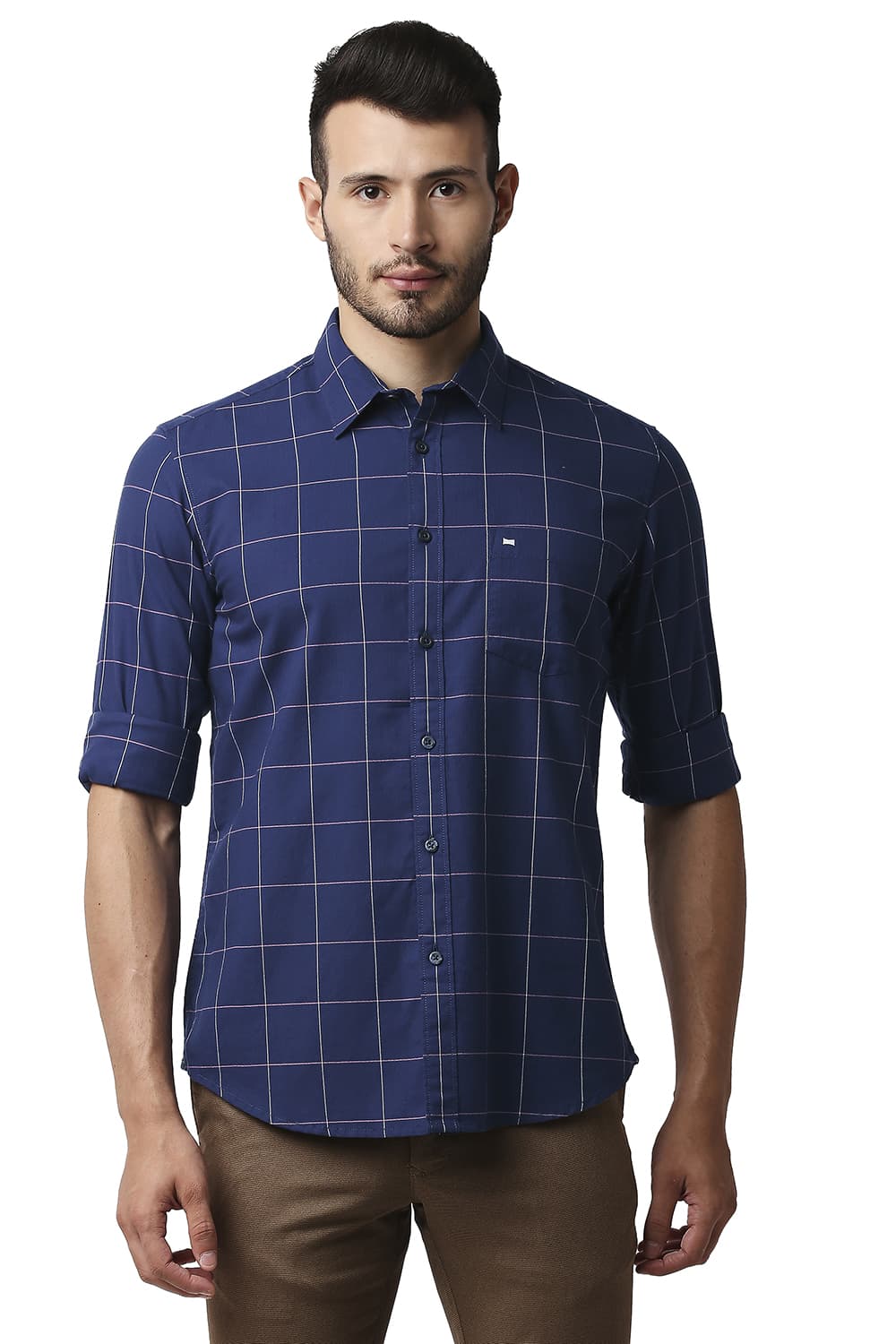 BASICS SLIM FIT HERRING BONE TWILL CHECKS SHIRT