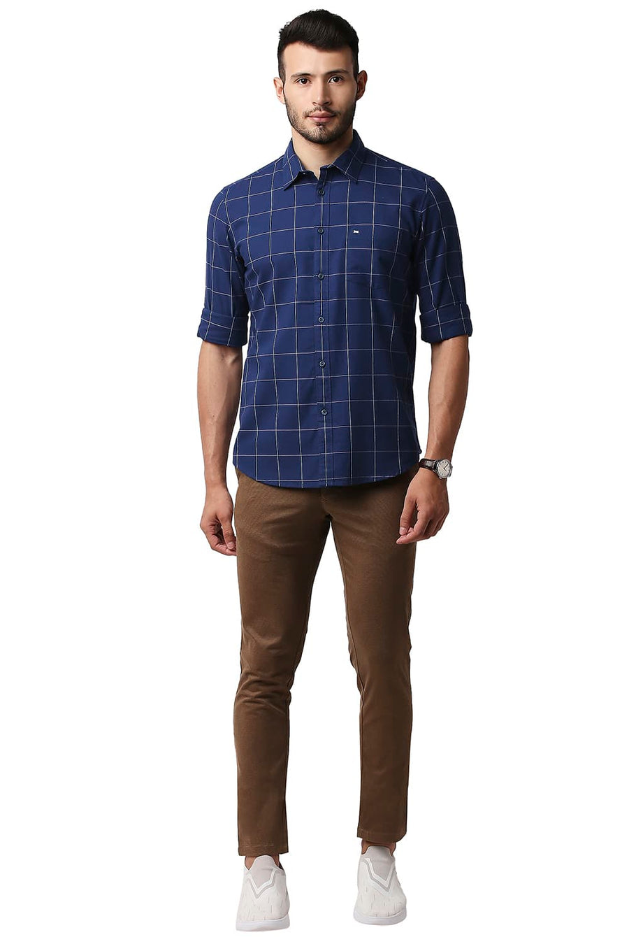 BASICS SLIM FIT BLUEPRINT NAVY HERRING BONE TWILL CHECKS SHIRT
