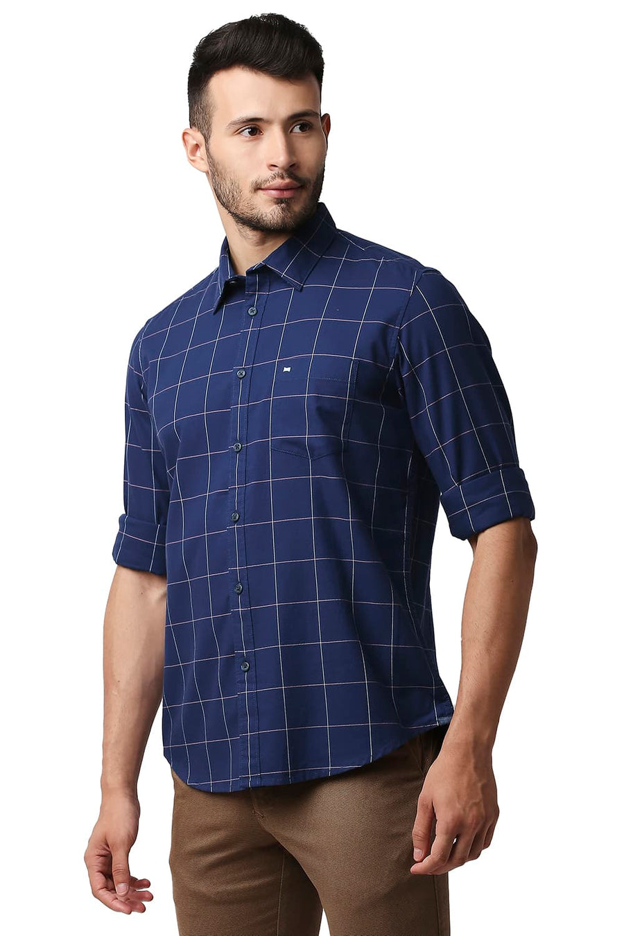 BASICS SLIM FIT BLUEPRINT NAVY HERRING BONE TWILL CHECKS SHIRT