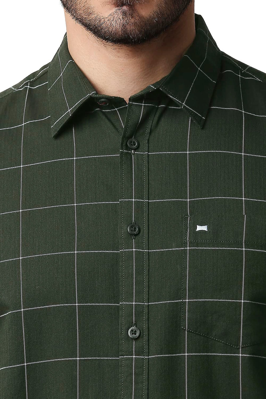 BASICS SLIM FIT SPRUCE GREEN HERRING BONE TWILL CHECKS SHIRT
