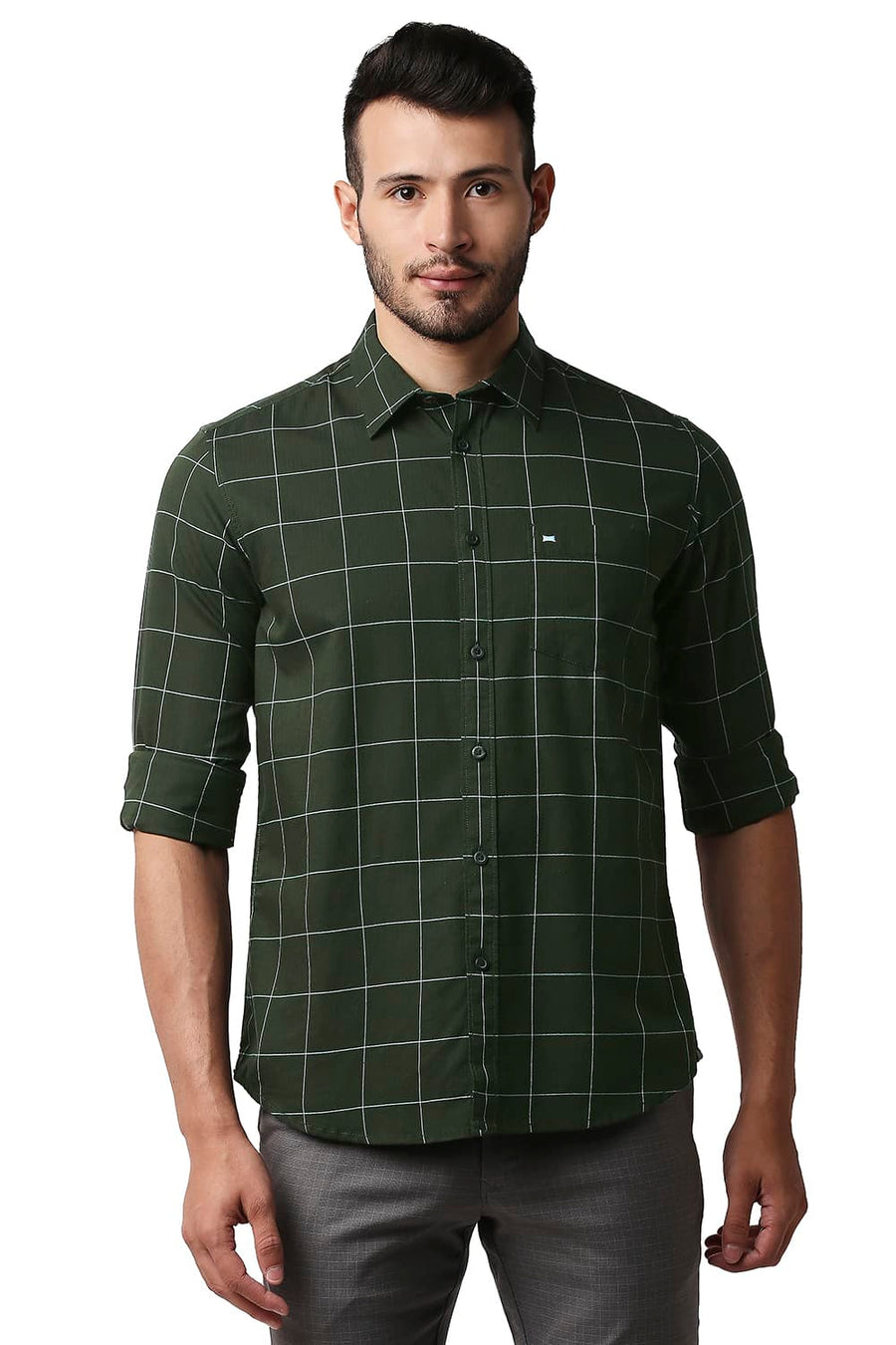 BASICS SLIM FIT SPRUCE GREEN HERRING BONE TWILL CHECKS SHIRT