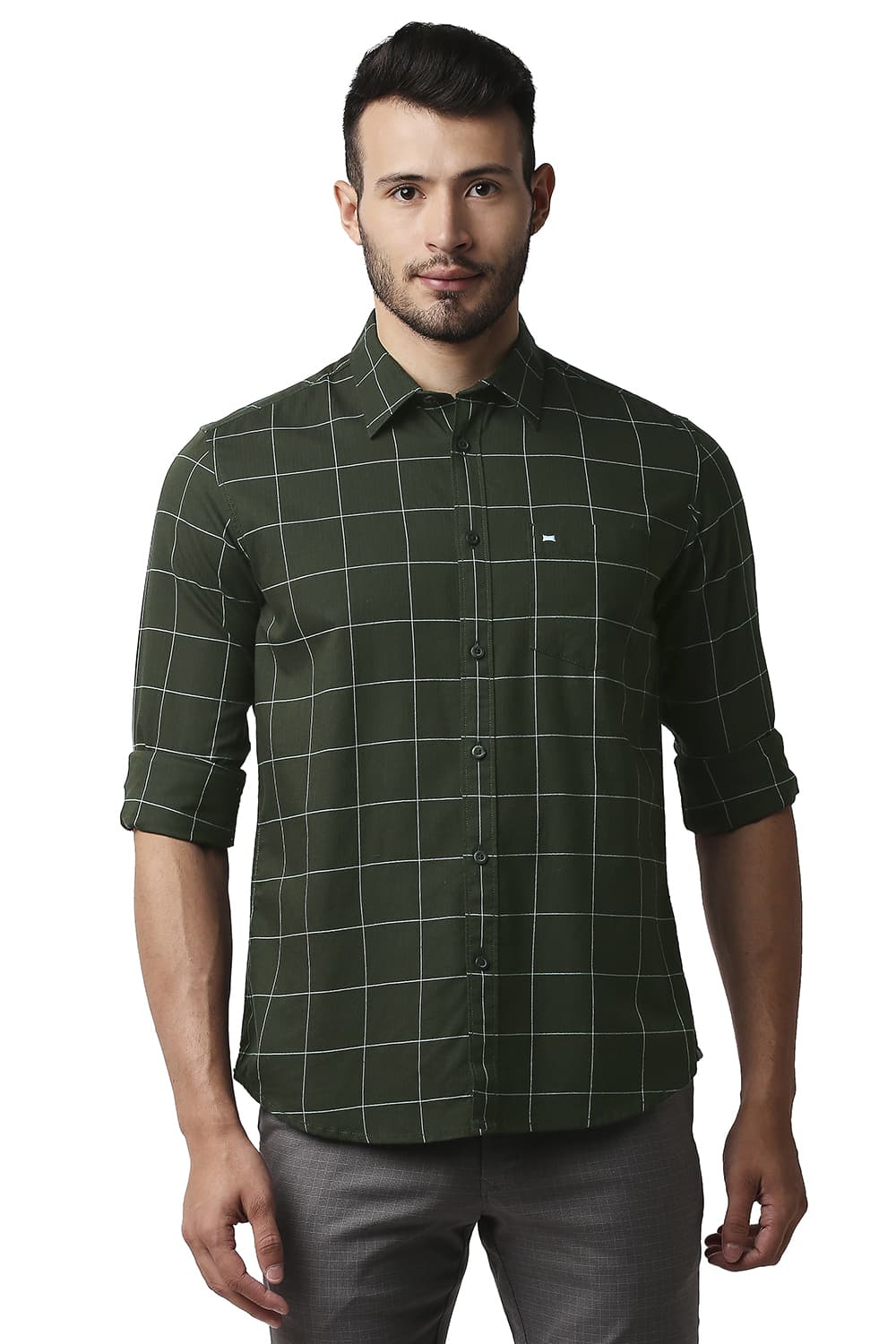 BASICS SLIM FIT HERRING BONE TWILL CHECKS SHIRT