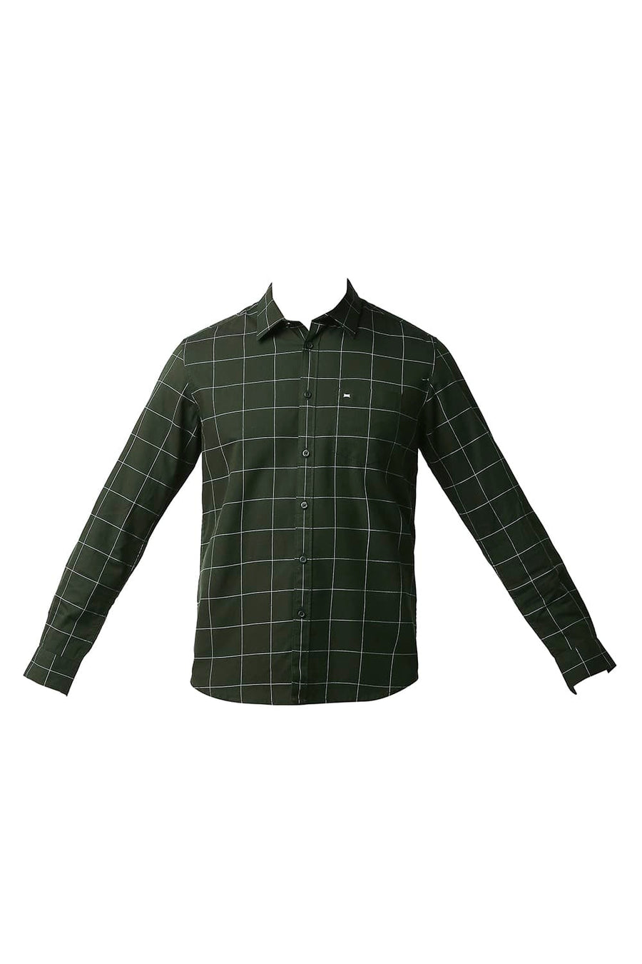 BASICS SLIM FIT SPRUCE GREEN HERRING BONE TWILL CHECKS SHIRT