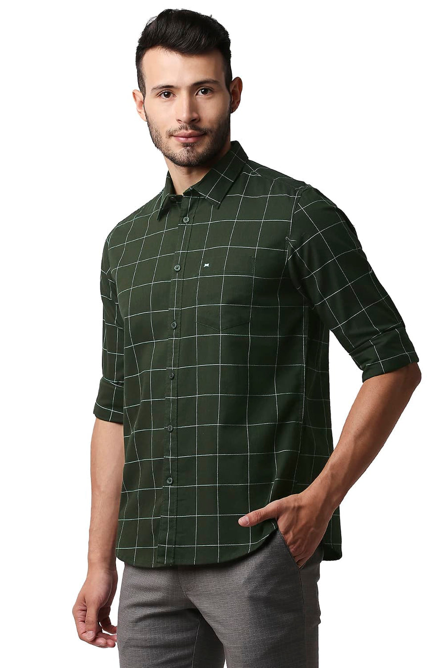 BASICS SLIM FIT SPRUCE GREEN HERRING BONE TWILL CHECKS SHIRT