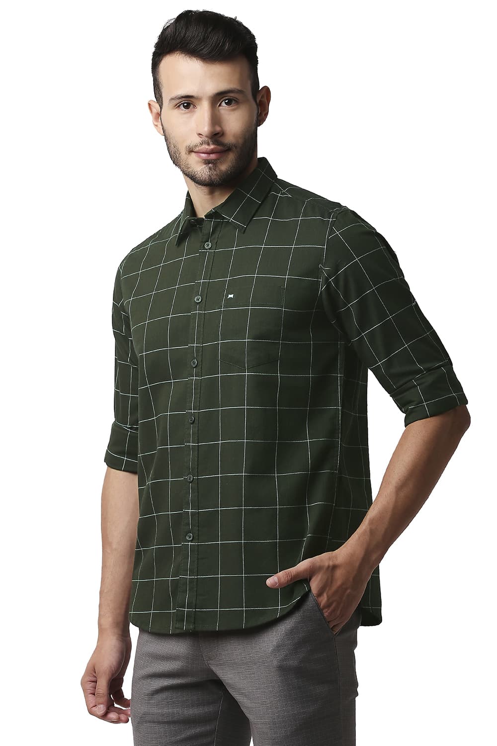 BASICS SLIM FIT HERRING BONE TWILL CHECKS SHIRT