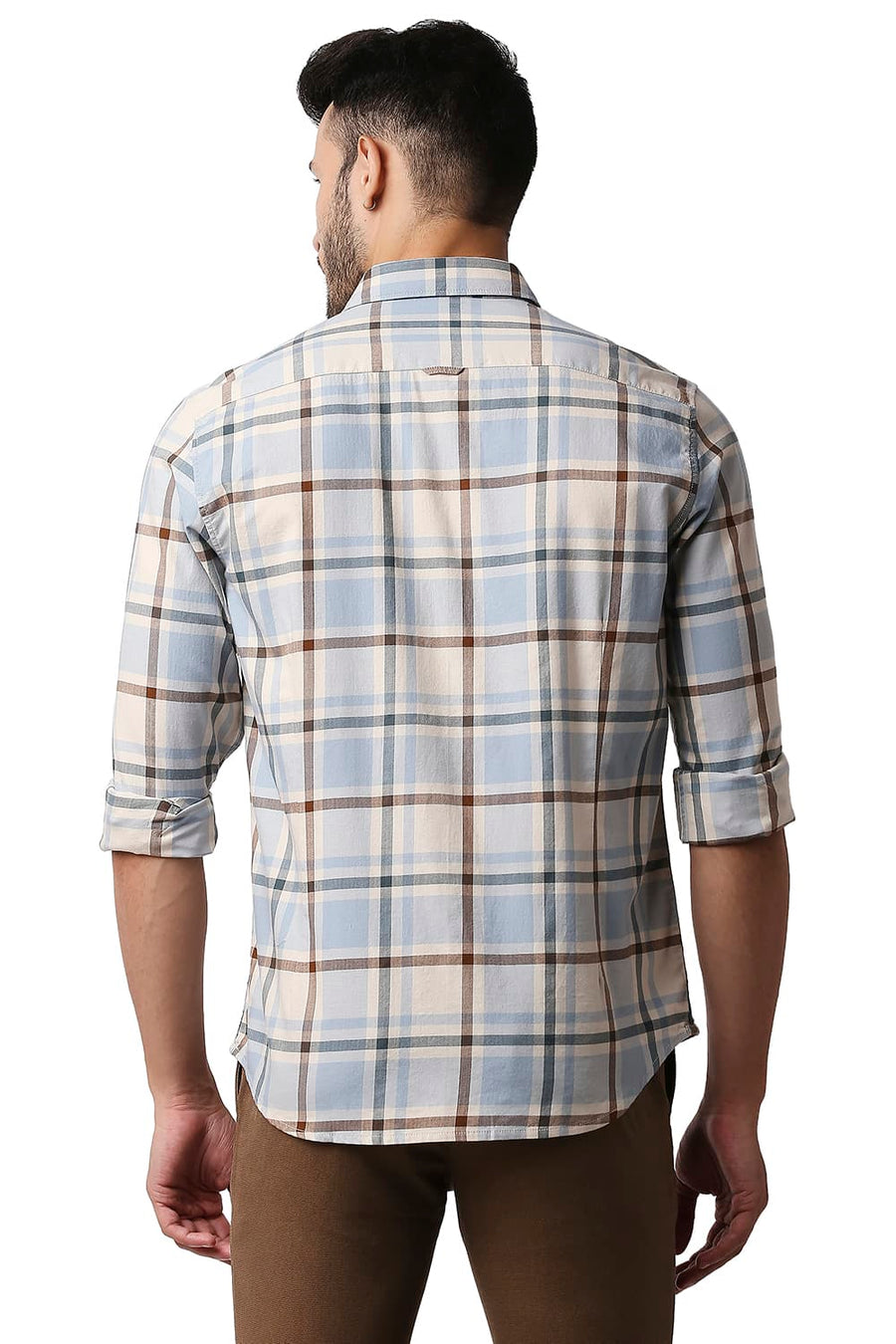 BASICS SLIM FIT DAWN BEIGE HERRING BONE TWILL CHECKS SHIRT