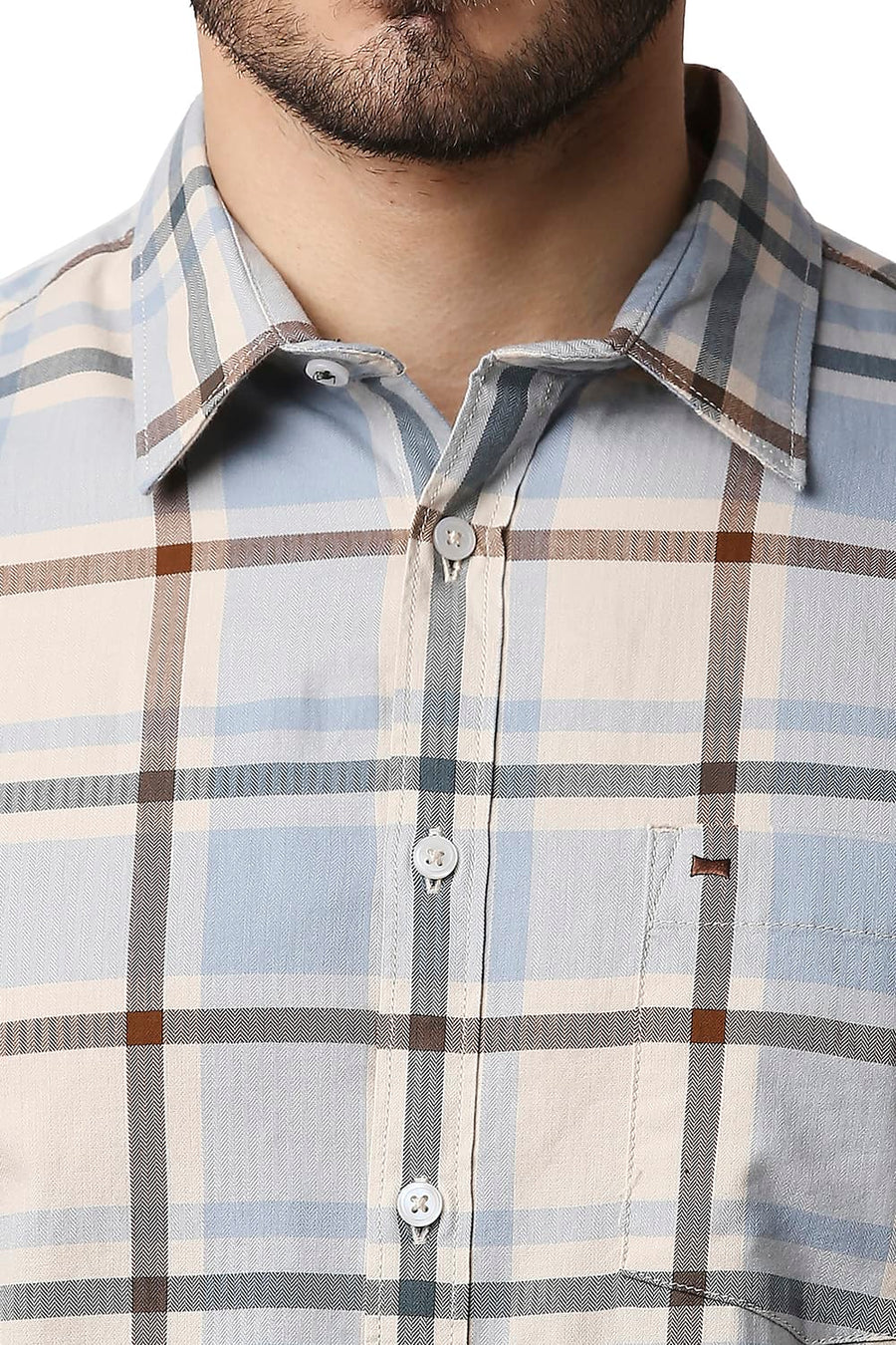 BASICS SLIM FIT DAWN BEIGE HERRING BONE TWILL CHECKS SHIRT