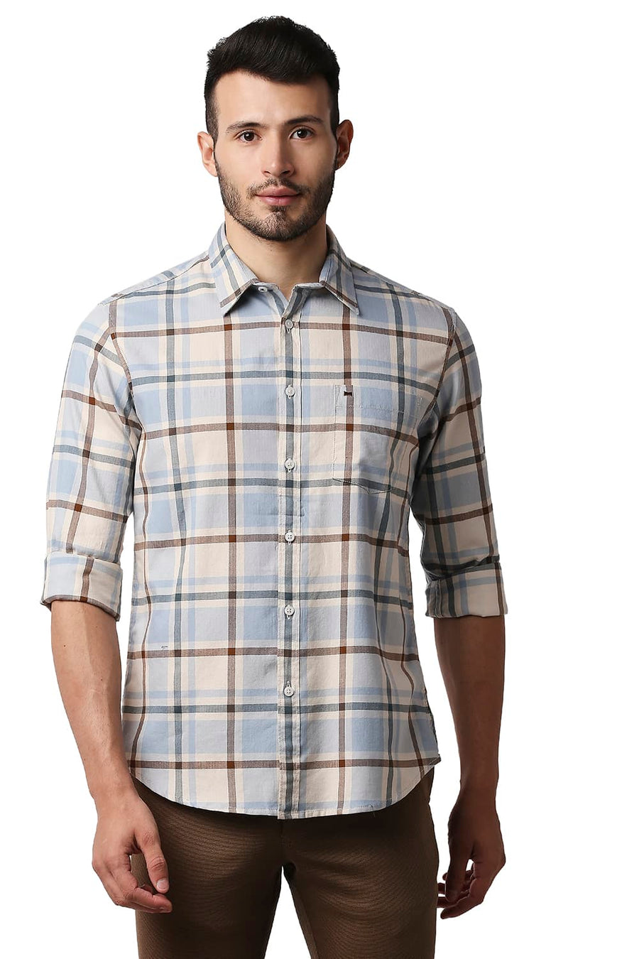 BASICS SLIM FIT DAWN BEIGE HERRING BONE TWILL CHECKS SHIRT