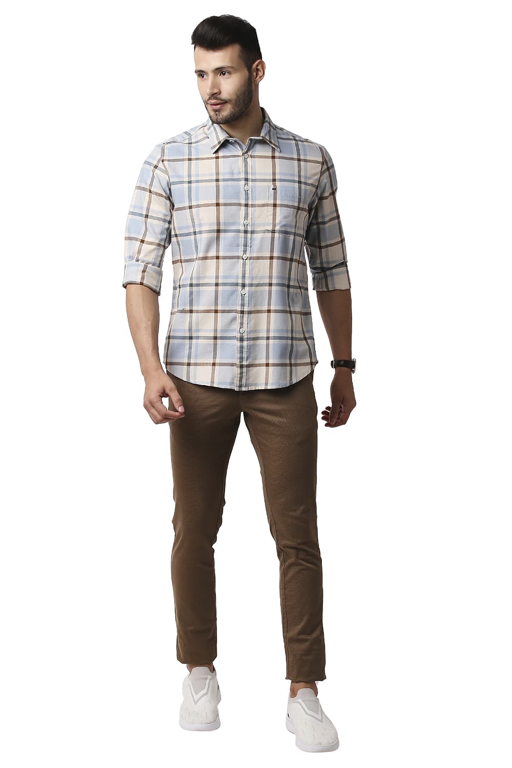 BASICS SLIM FIT HERRING BONE TWILL CHECKS SHIRT