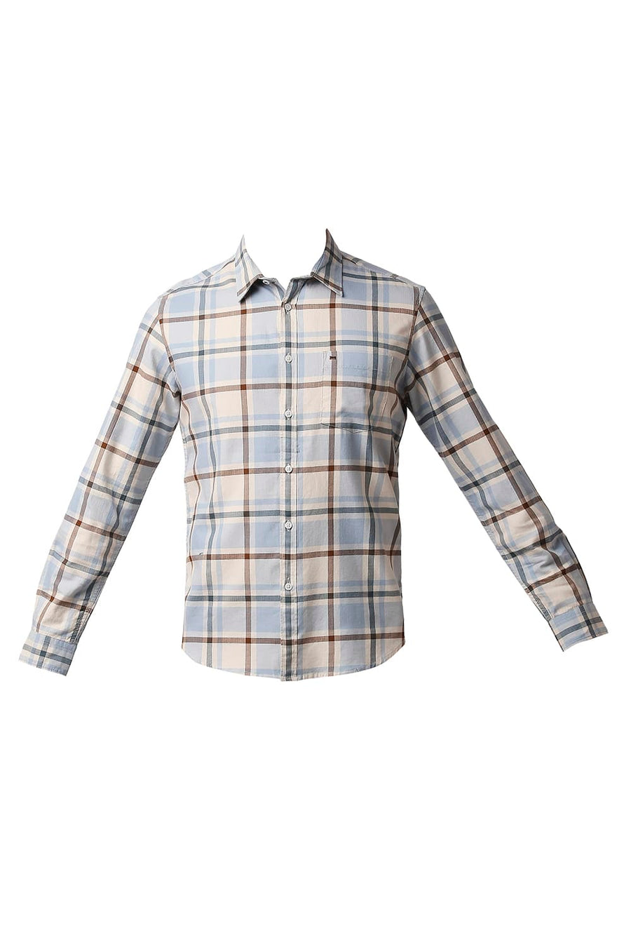 BASICS SLIM FIT DAWN BEIGE HERRING BONE TWILL CHECKS SHIRT
