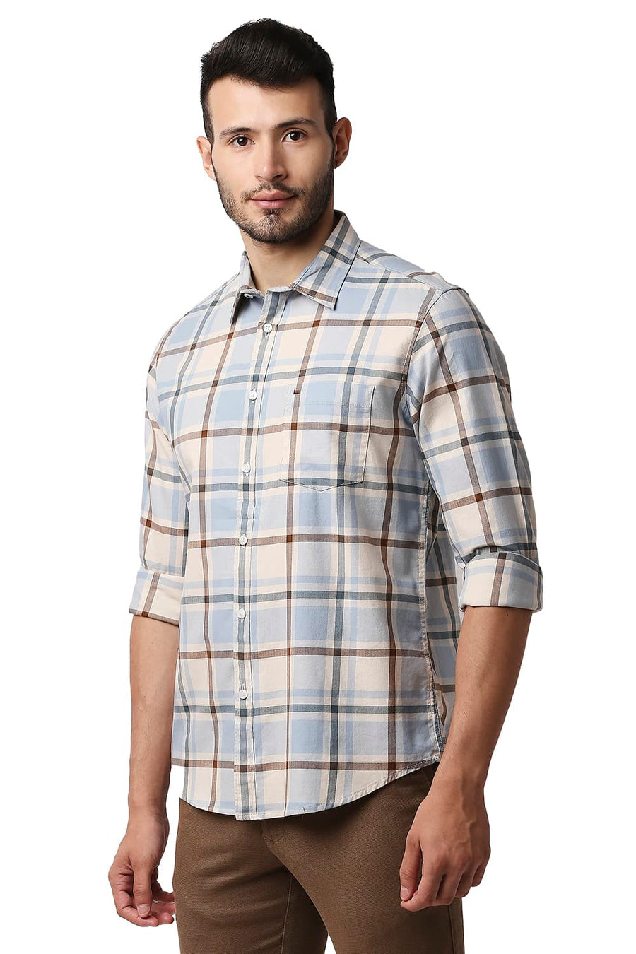 BASICS SLIM FIT DAWN BEIGE HERRING BONE TWILL CHECKS SHIRT