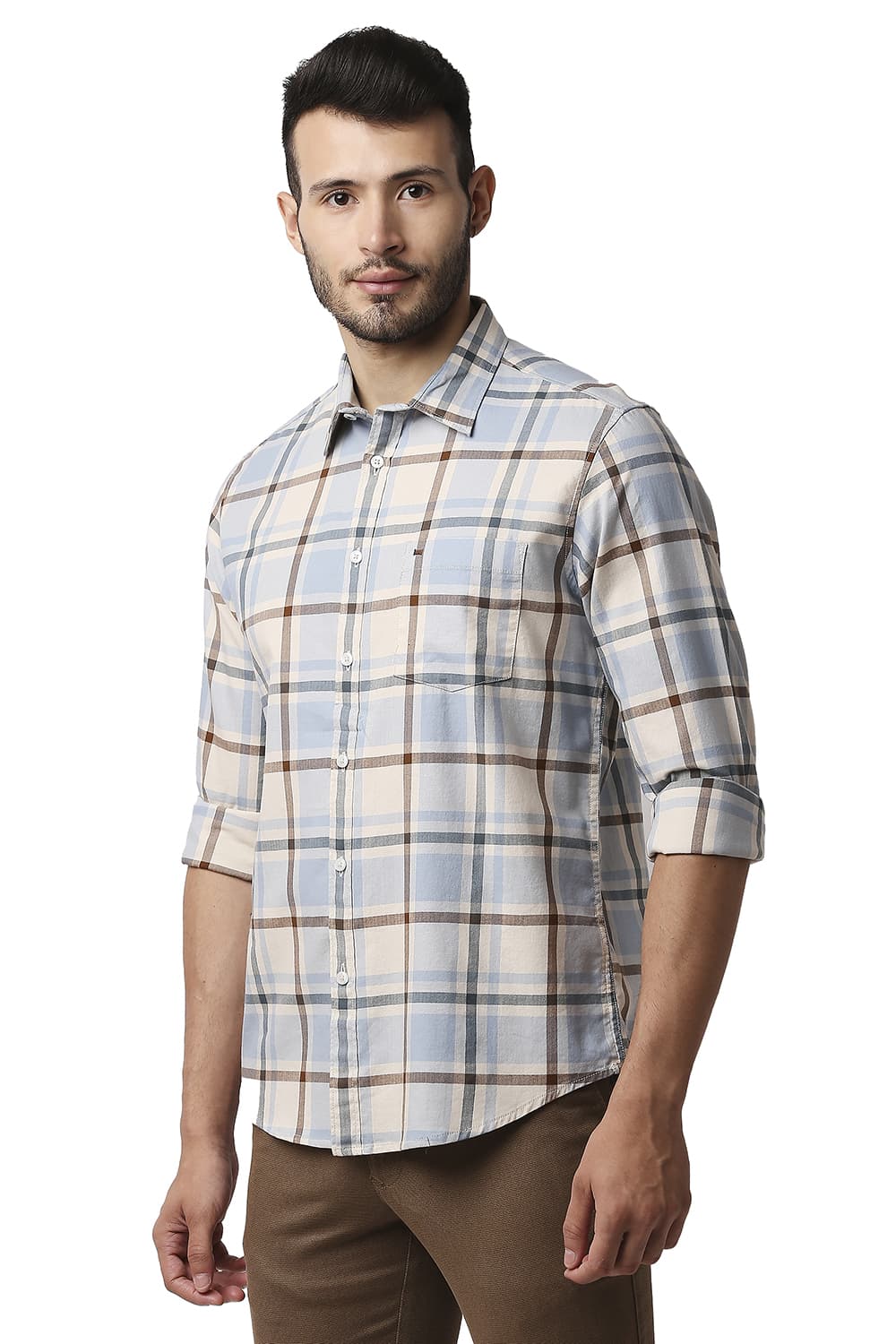 BASICS SLIM FIT HERRING BONE TWILL CHECKS SHIRT