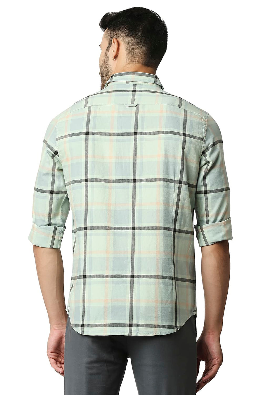 BASICS SLIM FIT SMOKE GREEN HERRING BONE TWILL CHECKS SHIRT