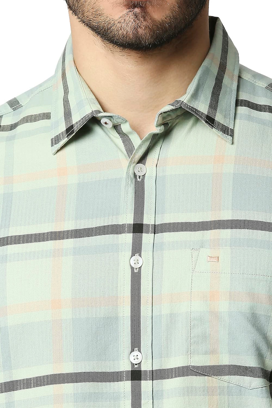 BASICS SLIM FIT SMOKE GREEN HERRING BONE TWILL CHECKS SHIRT