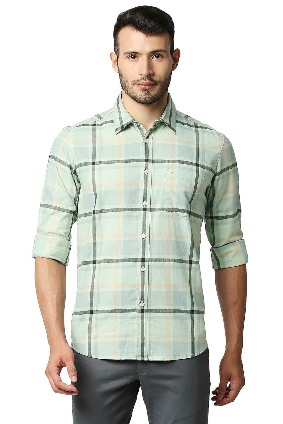 BASICS SLIM FIT SMOKE GREEN HERRING BONE TWILL CHECKS SHIRT