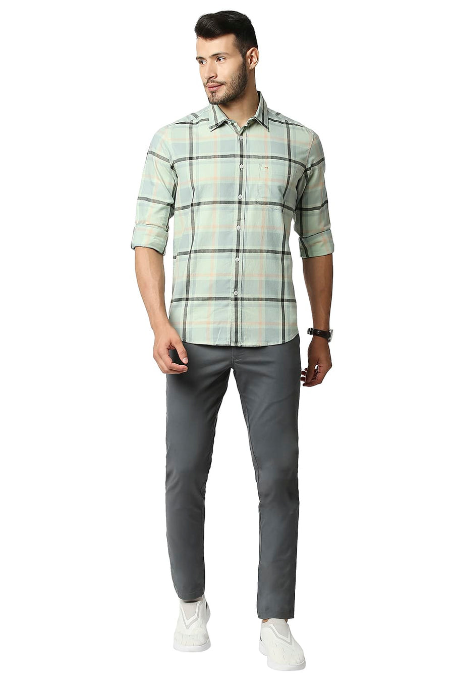 BASICS SLIM FIT SMOKE GREEN HERRING BONE TWILL CHECKS SHIRT