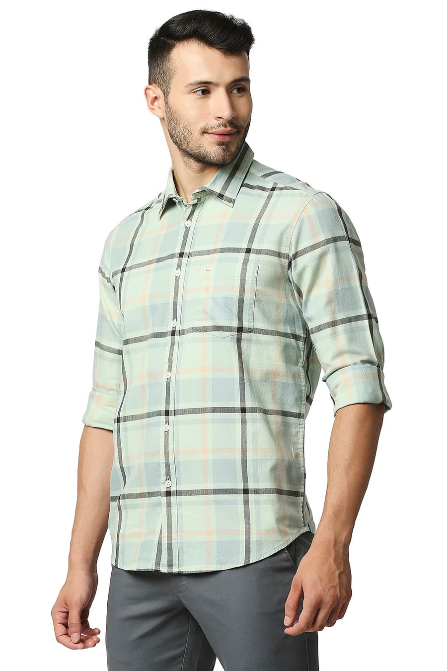 BASICS SLIM FIT SMOKE GREEN HERRING BONE TWILL CHECKS SHIRT