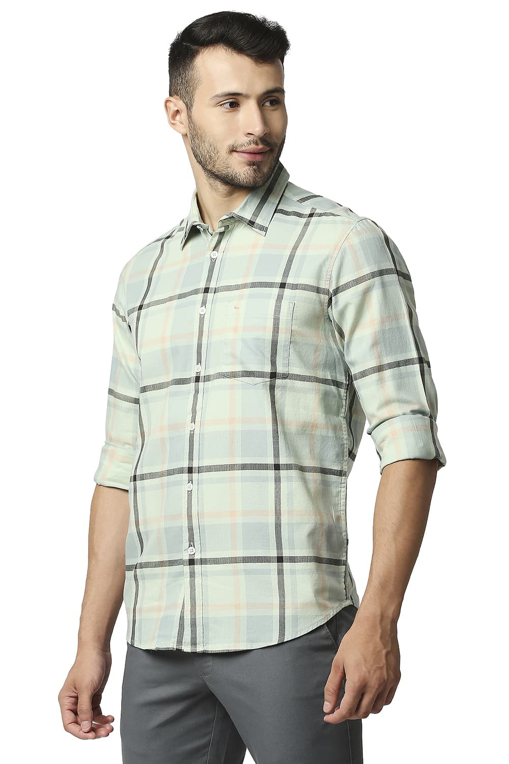 BASICS SLIM FIT HERRING BONE TWILL CHECKS SHIRT