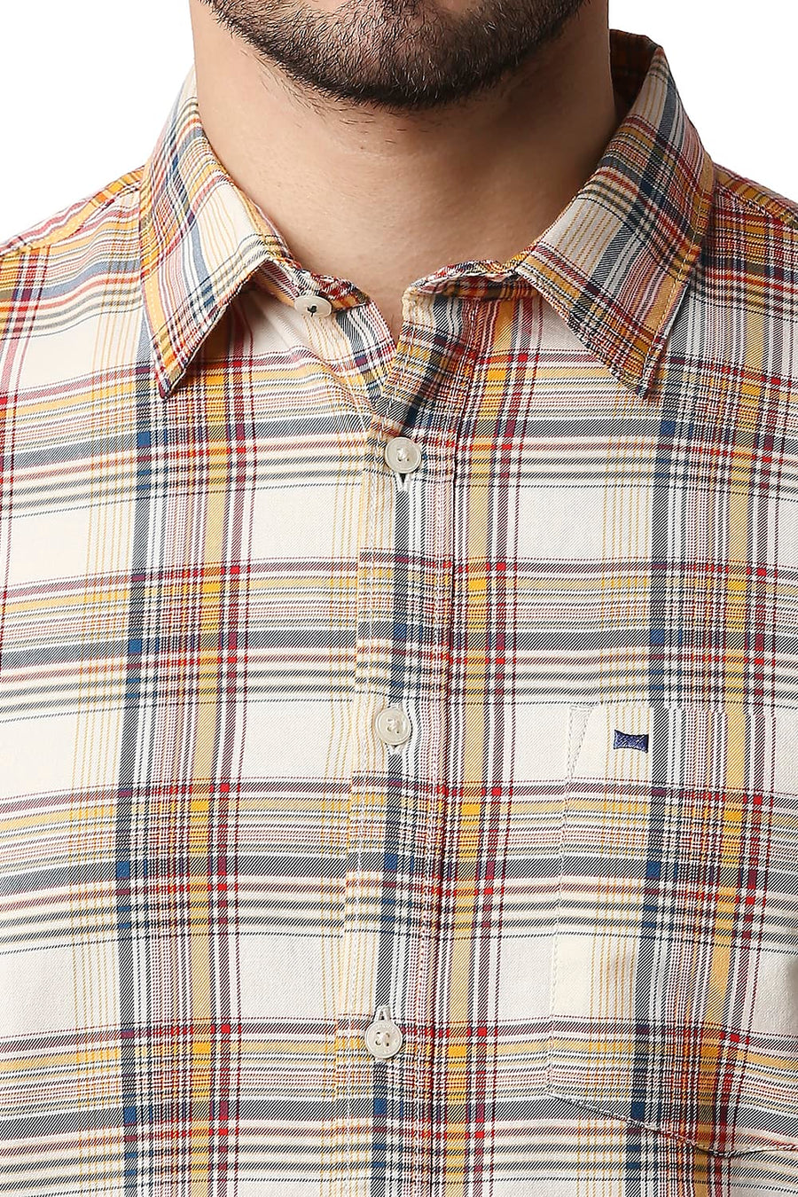 BASICS SLIM FIT SPECTRA YELLOW TWILL CHECKS SHIRT