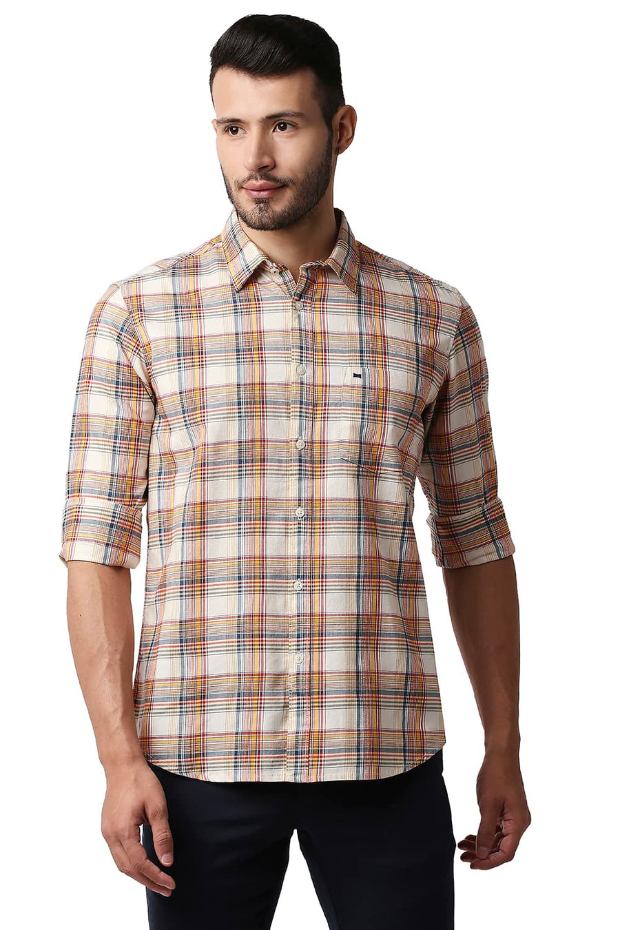BASICS SLIM FIT SPECTRA YELLOW TWILL CHECKS SHIRT
