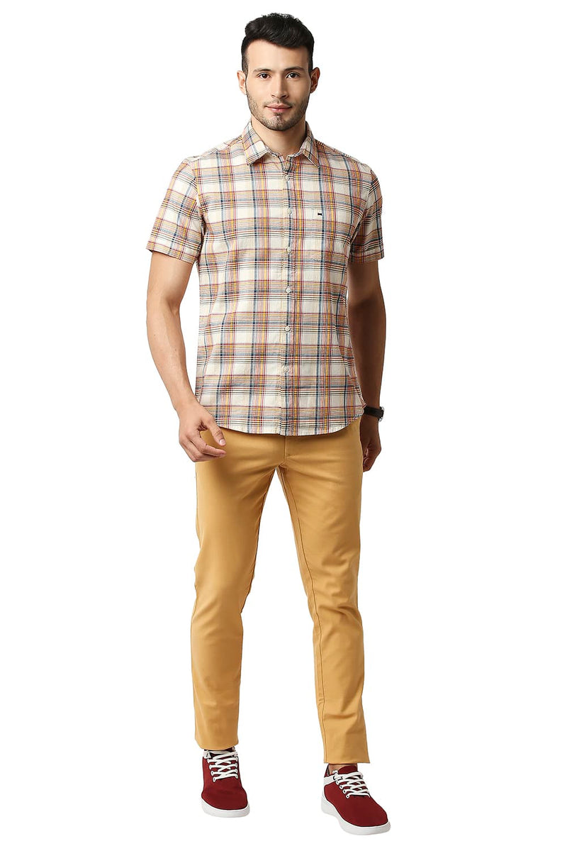 BASICS SLIM FIT TWILL CHECKS HALFSLEEVES SHIRT