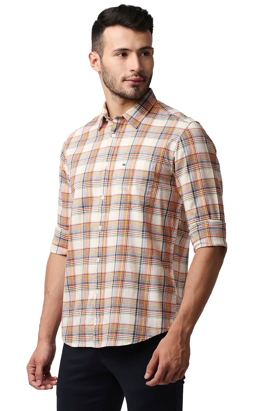 BASICS SLIM FIT SPECTRA YELLOW TWILL CHECKS SHIRT
